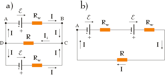 dwa obwody elektryczne - oznaczenia - rysunek schematyczny - prawa Kirchhoffa - zadanie nr 5